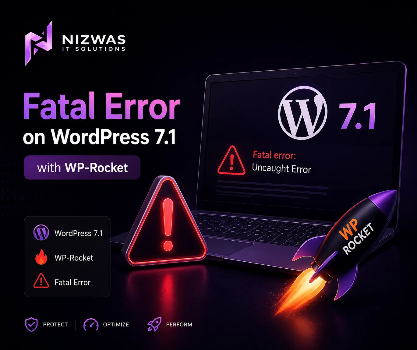 WP Rocket fatal error on WordPress 7.1 showing a WordPress website and Cloudflare compatibility issue