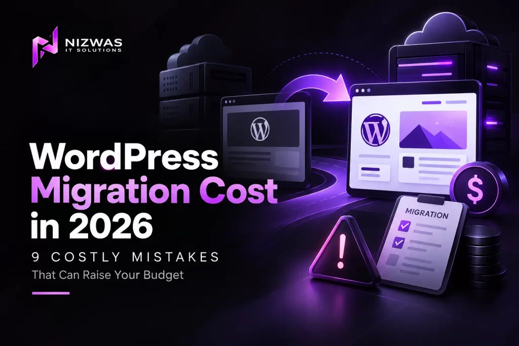 New Home page 83 WordPress migration cost guide showing website transfer, hosting, SEO, and security considerations