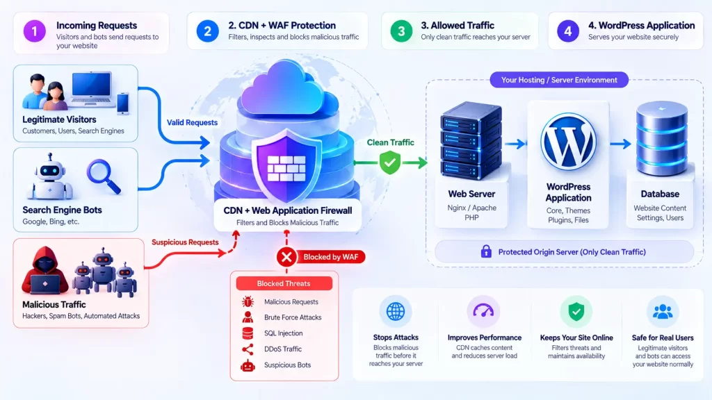 15 Essential WordPress Website Security Steps to Protect Your Site in 2026 3 WordPress WAF architecture showing malicious traffic blocked before reaching the server