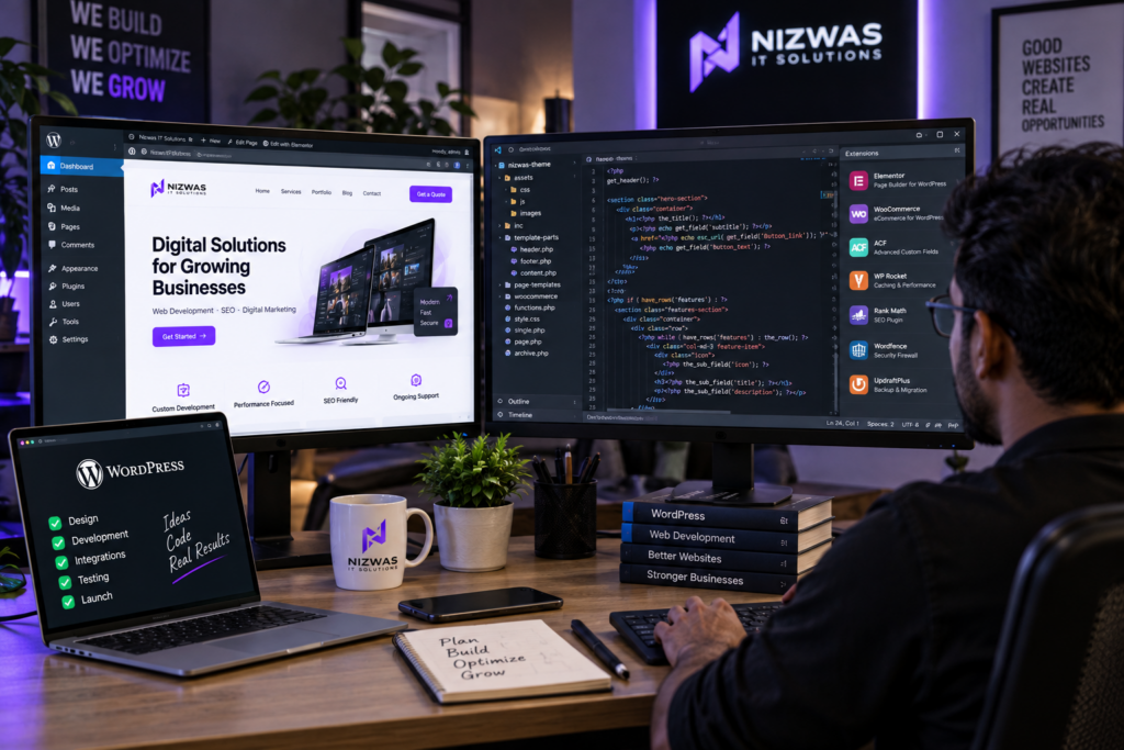 WordPress Freelancer or Agency? 7 Honest Questions to Help You Choose the Right Partner 4 WordPress developer working on website functionality