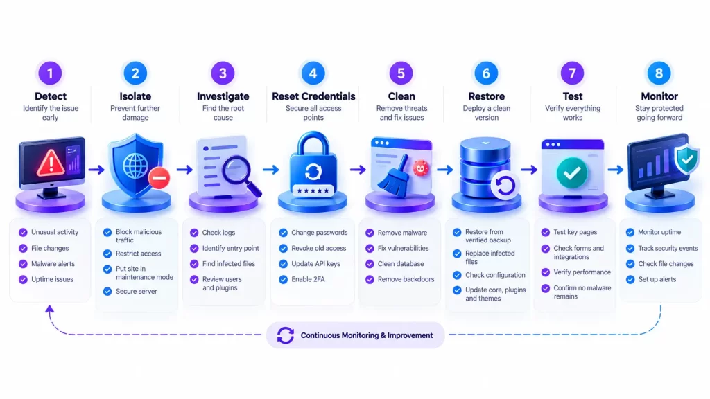 15 Essential WordPress Website Security Steps to Protect Your Site in 2026 4 WordPress hacked website recovery process from detection to restoration and monitoring