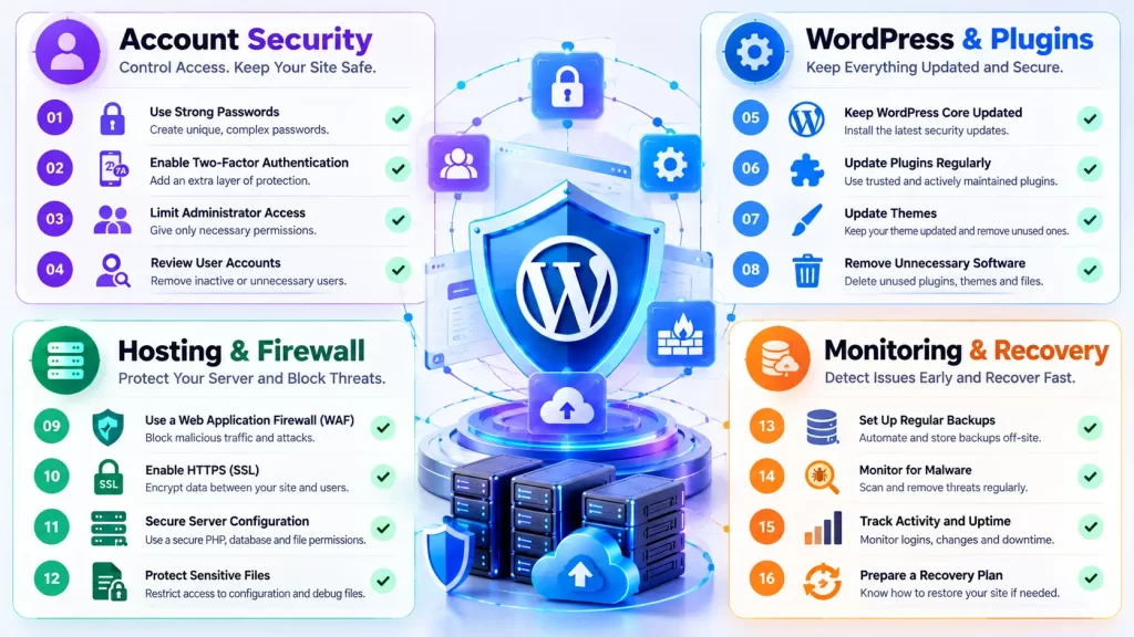 15 Essential WordPress Website Security Steps to Protect Your Site in 2026 2 WordPress website security checklist for accounts plugins firewall backups and monitoring