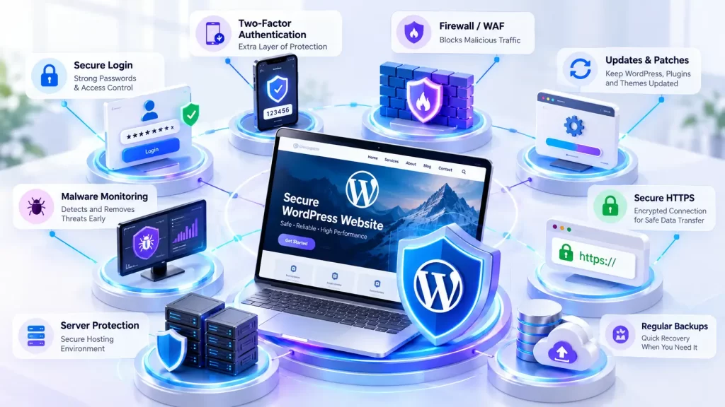 15 Essential WordPress Website Security Steps to Protect Your Site in 2026 1 WordPress website security layers including firewall backups updates and login protection